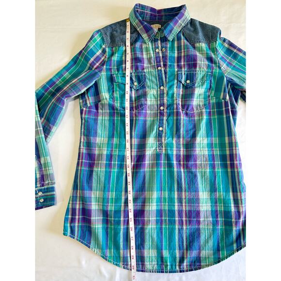Hinge Plaid Button Down Mini Dress Top Flannel Blue Purple Green Size Medium - Picture 8 of 13
